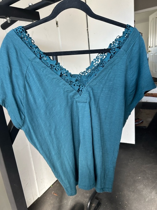 Stunning Anthropologie Teal Lace-Trim V-Neck Tee cotton - Picture 5 of 5